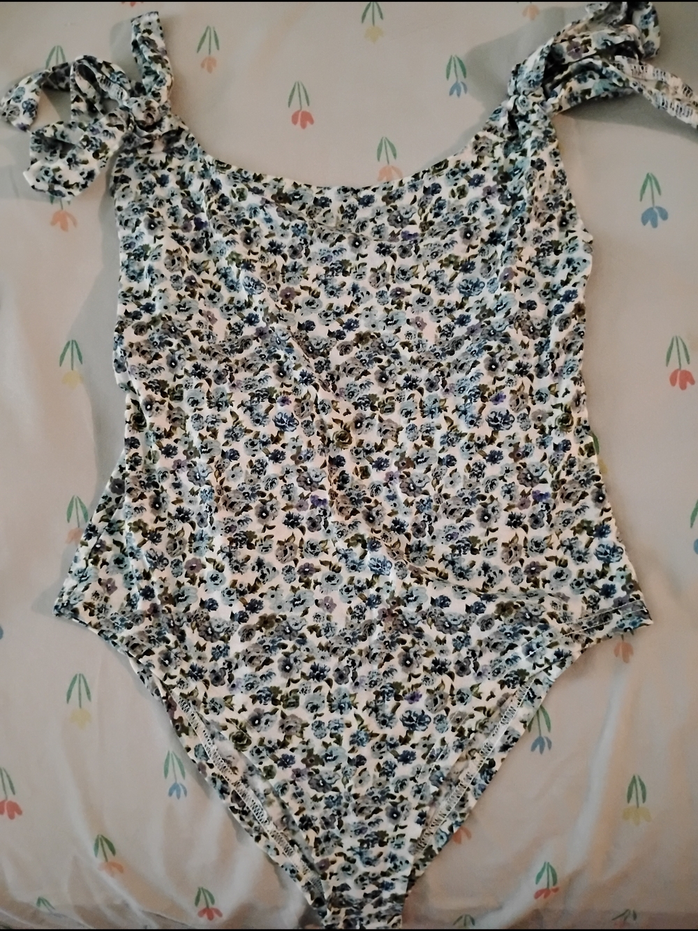 Floral Tie-Shoulder One-Piece Bodysuit - White with Blue & Green Flowers
